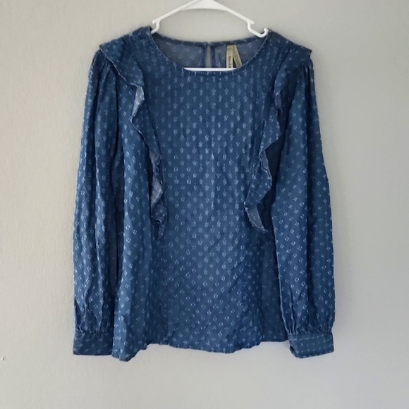 Liverpool Tops - Liverpool blue chambray long-sleeved ruffle Swiss dot blouse